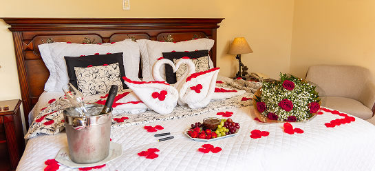 Quarto de pousada decorado com pétalas de rosa, bouquet de flores, frutas e espumante, parte de um pacote romântico da D'Biagy Raízes
