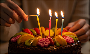 Mão acendendo velas em um bolo de aniversário decorado com frutas, simbolizando a promoção especial para aniversariantes na Pousada D'Biagy em Campos do Jordão.